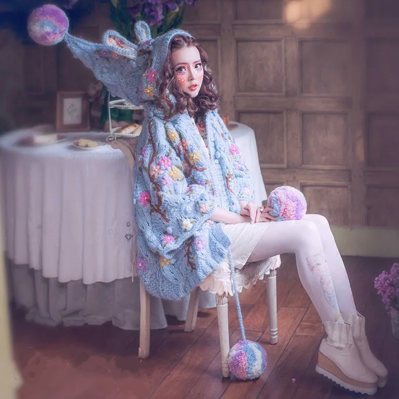 2019 Cardigan Feminino Poncho Magic Doll Spring Virgin Female Blue Heavy Hand Embroidery Stick Needle Loose Hat Rabbit |