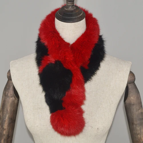 black red Новинка,, женский шарф из натурального кроличьего меха, натуральный мех кролика, теплый мягкий шейный платок, модный шарф из кроличьего меха - Цвет: black red