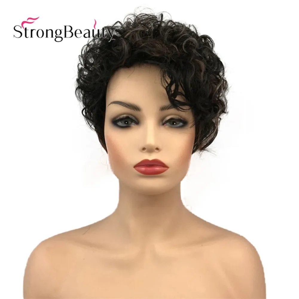 StrongBeauty Короткие вьющиеся женские парики Асимметричный сторона взрыва Синтетические волосы термостойкий парик