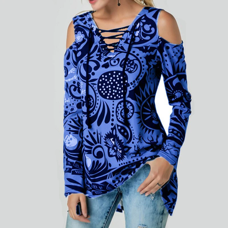 2019 Повседневное V шеи крест накрест до Футболка Женский Череп Printed Cold Shoulder