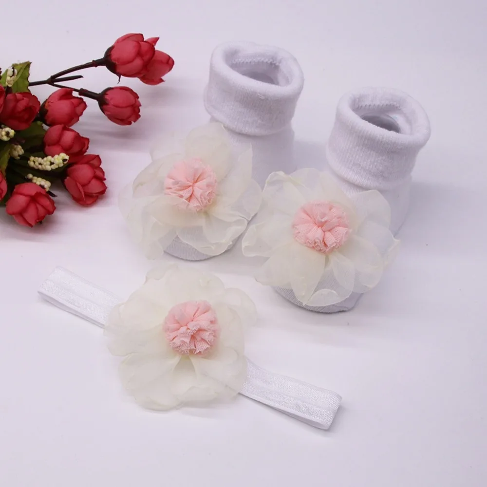 2PCS/SET Baby Socks+ Headband Set Lovely Flowers Decorated Anti-Slip Cotton Ankle Socks with Elastic Hair Band