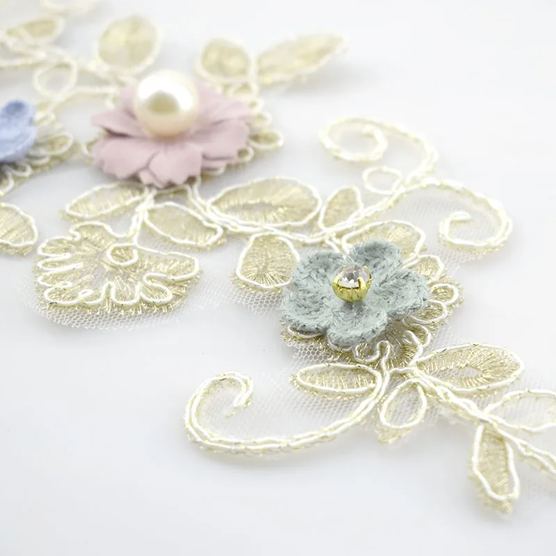 2Pcs Water Soluble Embroideried Lace Applique Gold Flower Bead Trims Wedding Decoration Dress DIY Sewinig AccessoriesKY2201 | Дом и сад