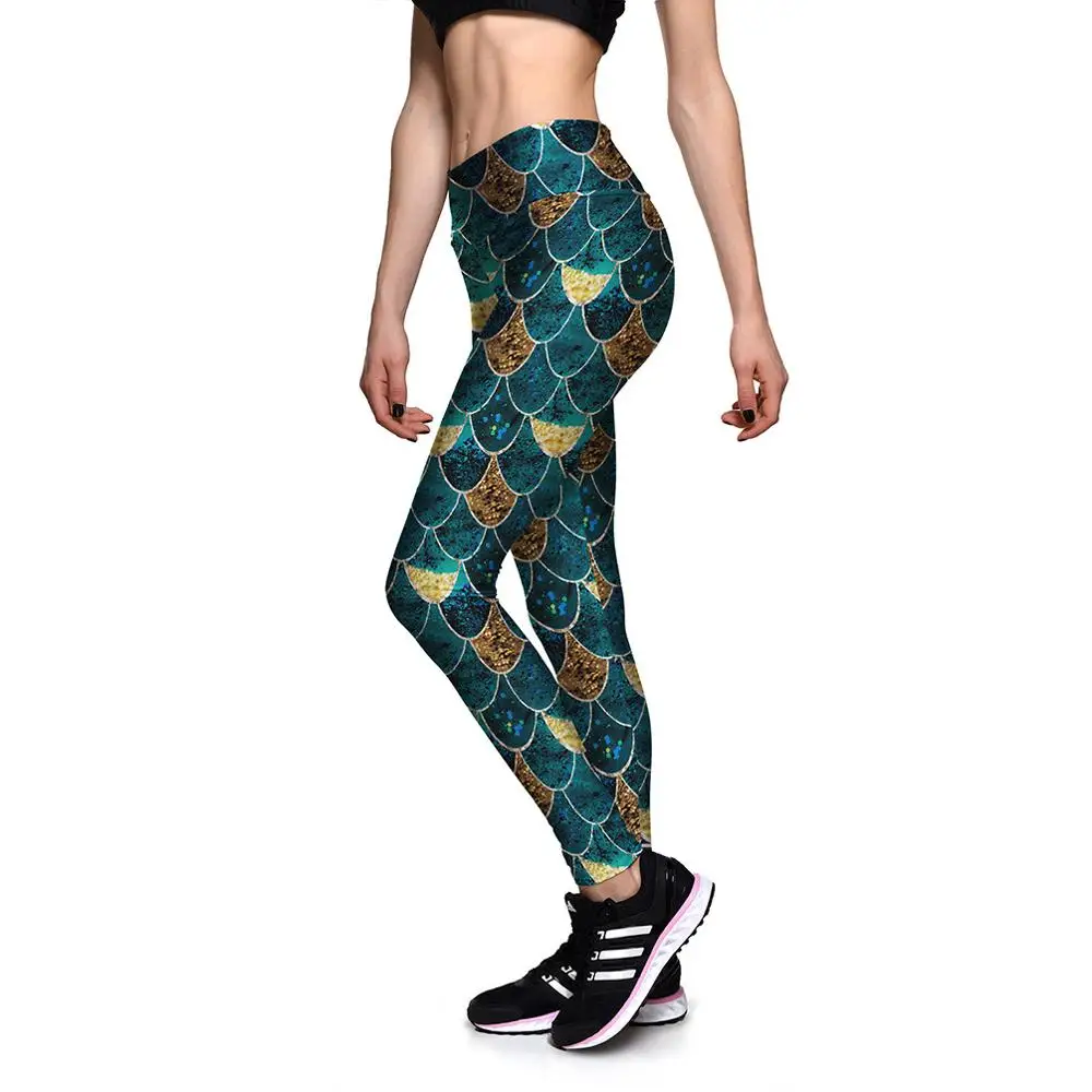 Черные зеленые яшма желтые леггинсы с высокой талией Русалочка весы принт Йога