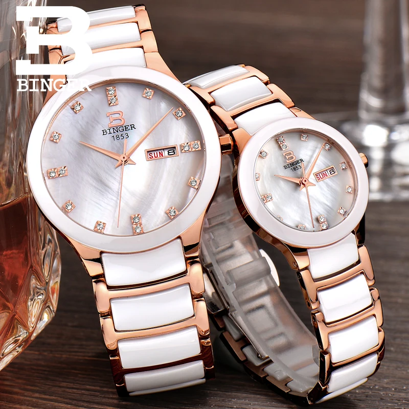 Бренд BINGER 2017 женские белые керамические часы роскошный браслет из розового