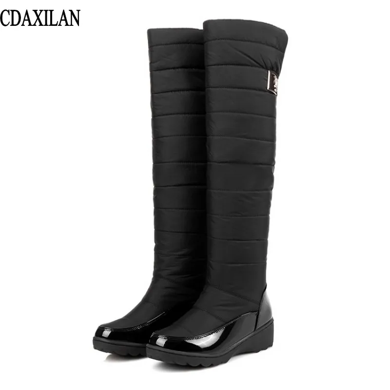 

CDAXILAN new arrivals snow boots women patent leather down cloth over-the-knee boots leg-warming plush zip boots middle heel