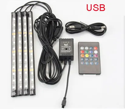 USB Power 4 шт. 48 светодиодов автомобиля Ленточные огни RGB активированного музыки автомобильного интерьера световые балки DC 12 V Мощность Беспроводной дистанционного Управление - Испускаемый цвет: USB Power
