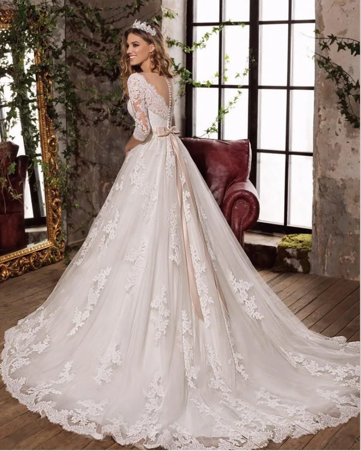 Свадебное платье Vivian's Bridal Illusion с v-образным вырезом на спине, с коротким рукавом, с поясом, длина до пола, Кружевная аппликация, заказное свадебное платье