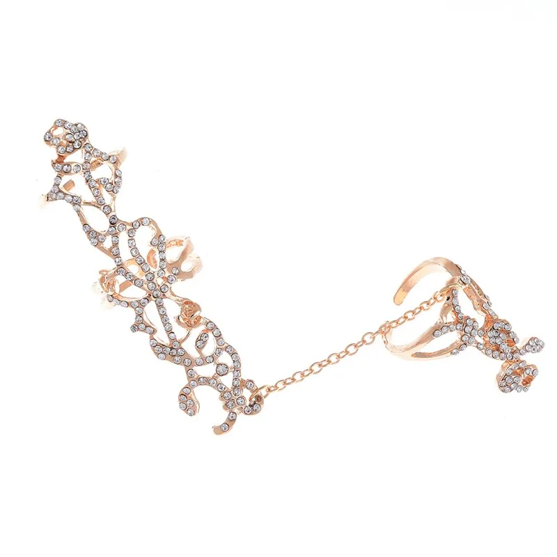 New Fashion Chain Link Ring Full Rhinestone Vintage Flower Double Finger Rings For Women Girl Party Jewelry Gift Accessories | Украшения и