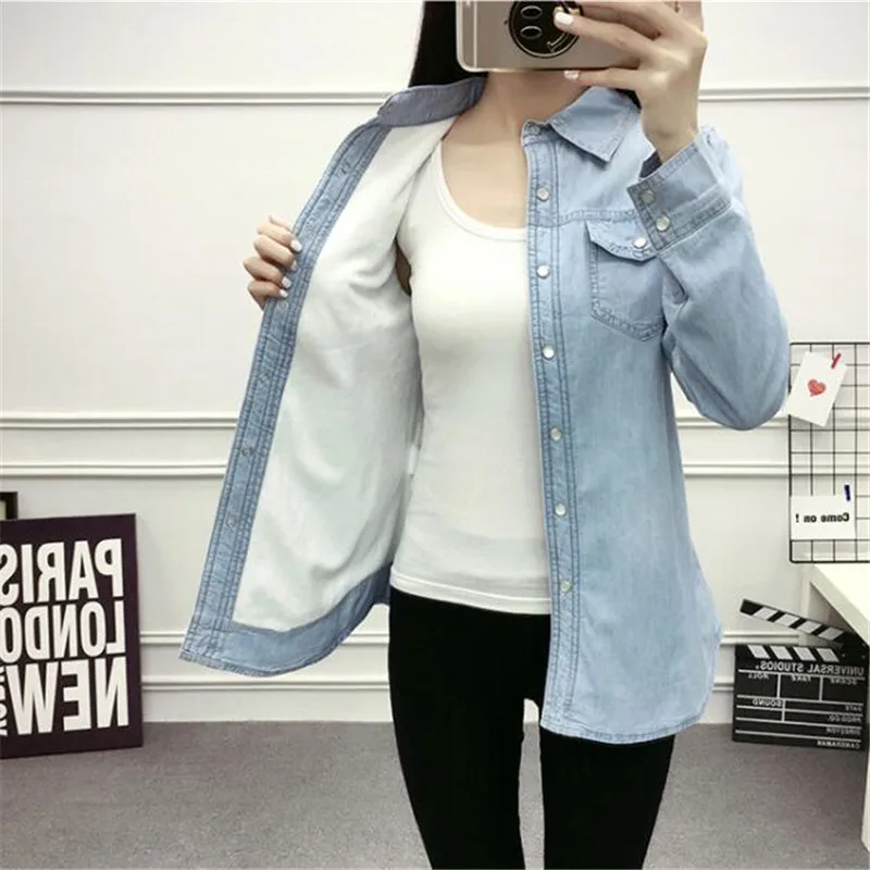 Winter long sleeve denim warm plus velvet shirt ladies casual solid color tops 2019 new wild Denim female AS819 | Женская одежда