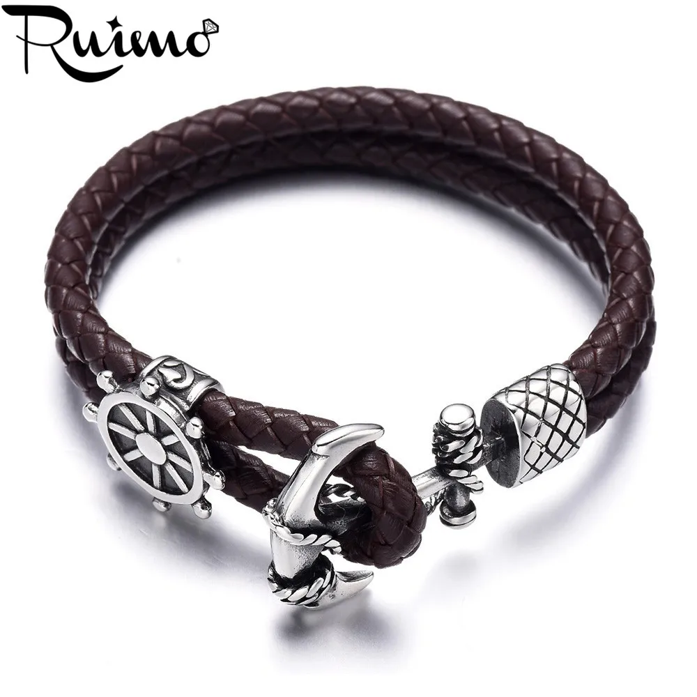 Мужской браслет RUIMO из натуральной кожи плетеный нержавеющей стали 316l с