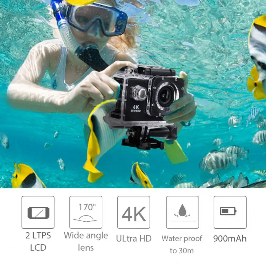 4K HD WiFi камера 30 м водонепроницаемый корпус два аккумулятора Комплект для крепления на велосипед 4K видео и 12 Мп фото широкоугольный объектив