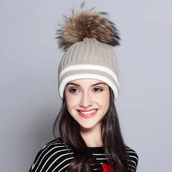 Beanies Лоскутные элегантные шерстяные вязанные шапки высокого качества помпон из меха енота Новая модная шапка Femme# MZ731 - Цвет: Light Gray