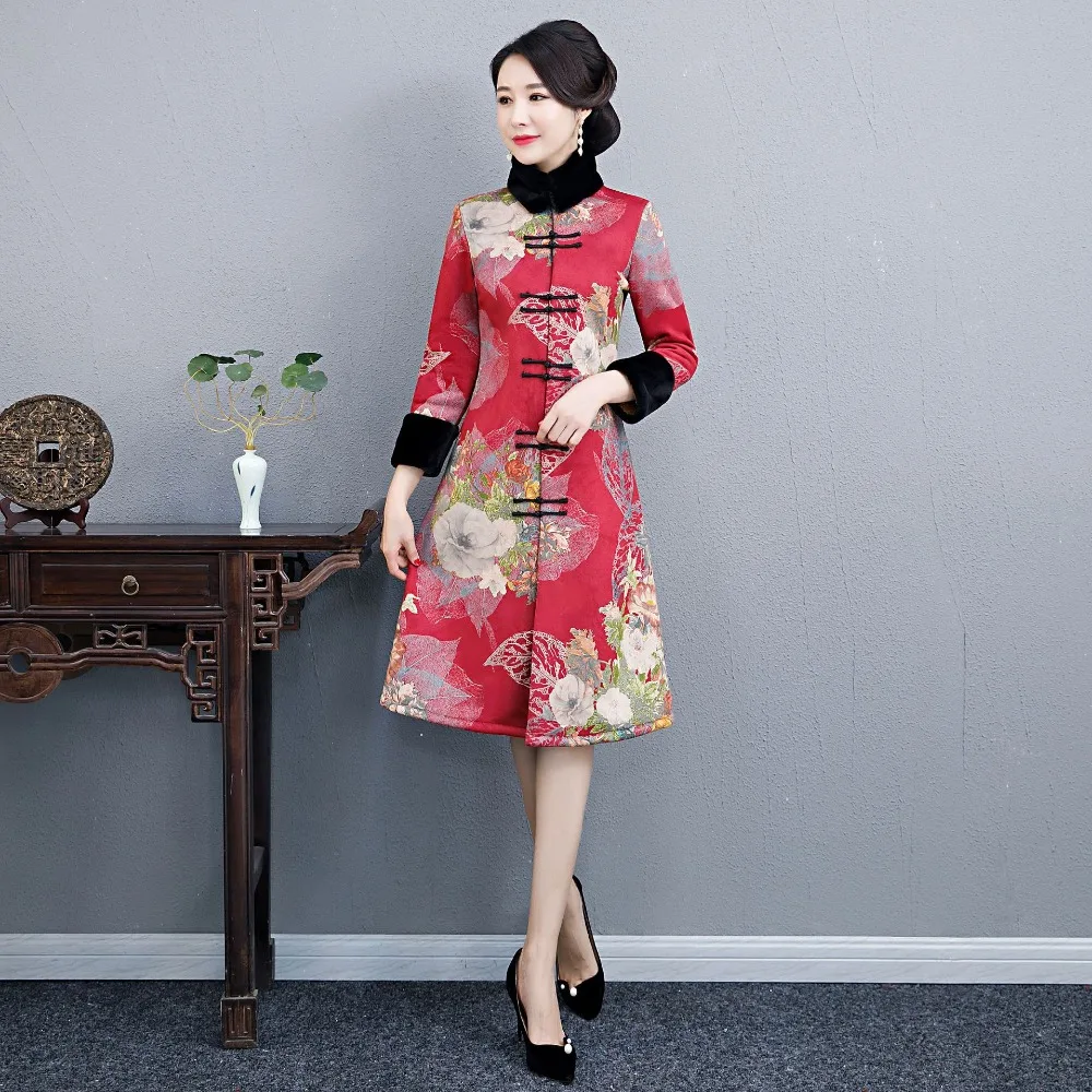 2019 new Winter Qipao Traditional Chinese Dress for Women long Sleeves Vestidos Vintage Pinch cotton Cheongsam Slim Party | Тематическая