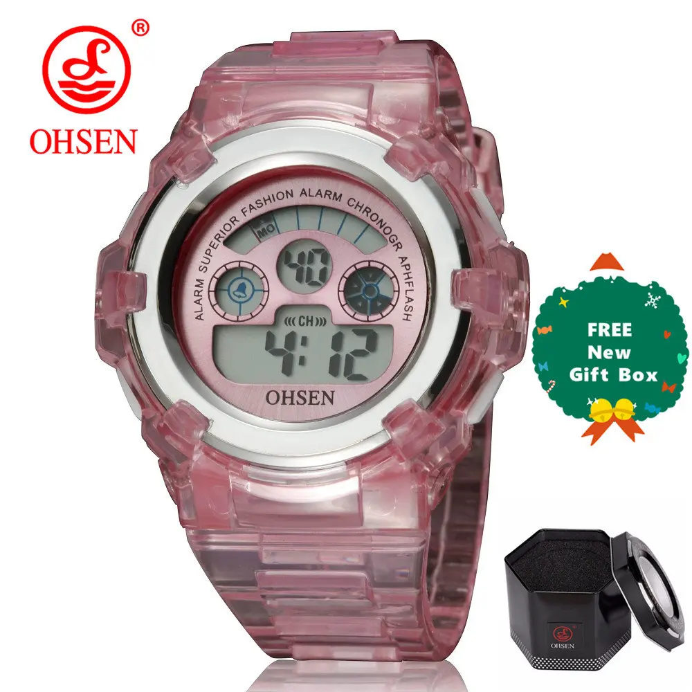 Pink plus gift box OHSEN детская цифровые спортивные часы непромокаемые детские часы Студенческая Девушка Модные наручные часы будильник многофункционал - Цвет: Pink plus gift box