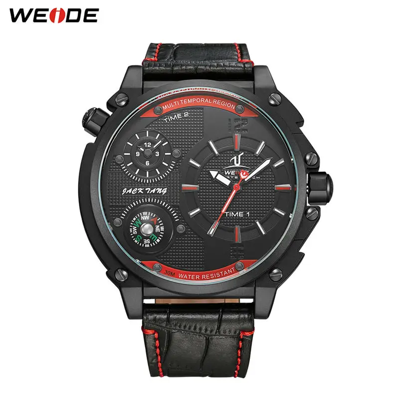 WEIDE спортивные роскошные часы с несколькими часовыми поясами, кварцевые мужские наручные часы с коричневым кожаным ремешком, мужские часы, мужские часы orologi uomo - Цвет: red
