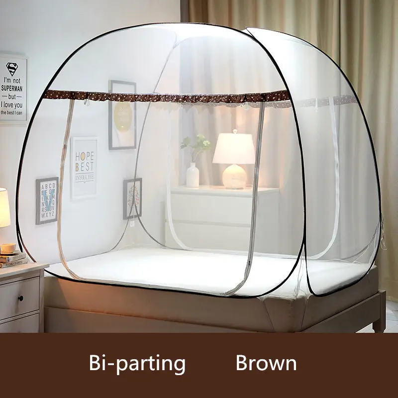 Brown Bi-parting Москитная сетка для двойной кровати 3 размера, складная монгольская сумка, москитная сетка, кружевная сетка от насекомых - Цвет: Brown Bi-parting