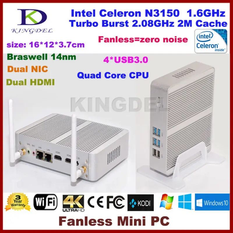 New Quad Core Mini PC Fanless Mini PC Windows10 PC Intel N3150 Turbo Boost 2.08GHz Dual LAN HDMI TV Box Micro Computer 300M WiFi