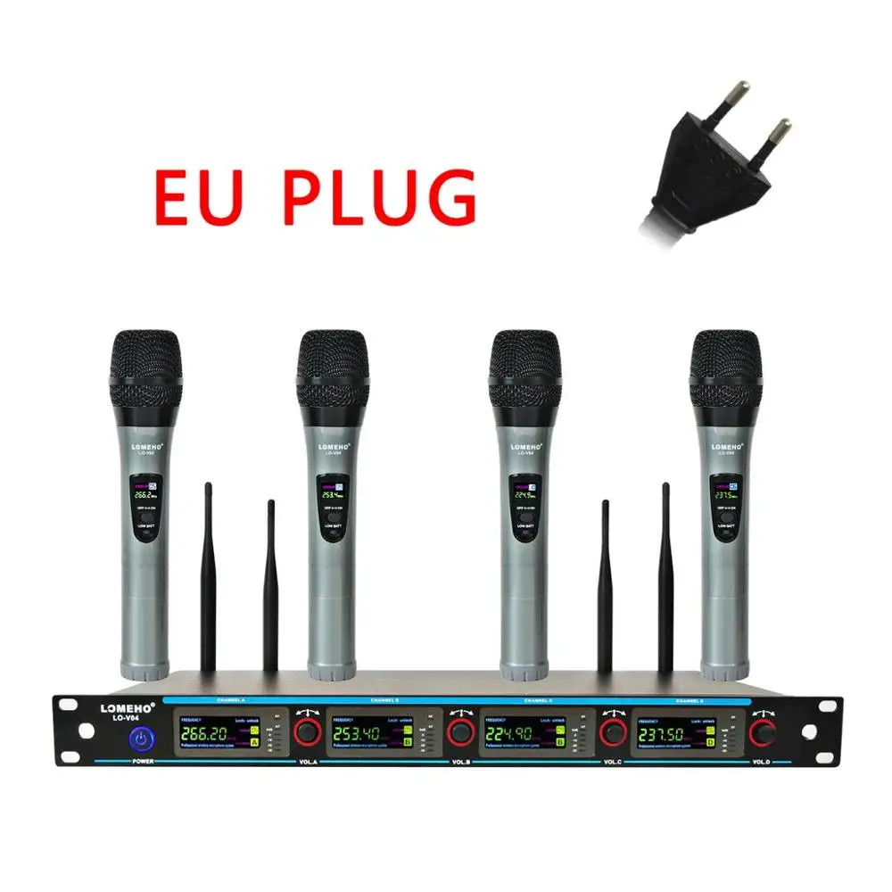 EU Plug LOMEHO LO-V04, 4 канала, 4 металлические ручные микрофон, караоке, KTV, вечерние, динамический микрофон, церковный микрофон, VHF беспроводной микрофон - Цвет: EU Plug