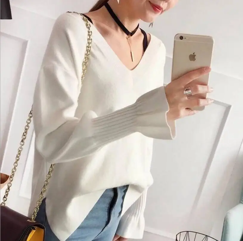 2019 women's sweater winter v-neck candy color loose wool warm pullovers blouse | Женская одежда