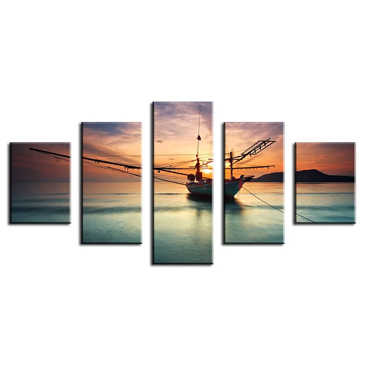 

5 Panel boat at sunset Modern Home Wall Decor Canvas Picture Art Print WALL Painting Set of 5 Each Canvas Arts Unframe