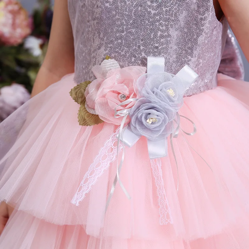 Champagne Gray Pink Purple Girl Flower Sequins Tulle Cake Princess Dress Kids Party Birthday Wedding Gown 3-12Y BW011 | Детская одежда