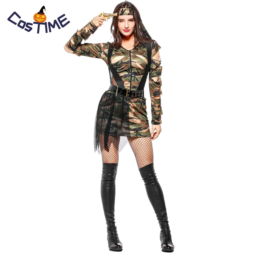 

Sexy Women Soldier Costume Jungle Game Army Girl Combat Camouflage Uniform Ripped Camo Dress With Belt Halloween Fancy Dress