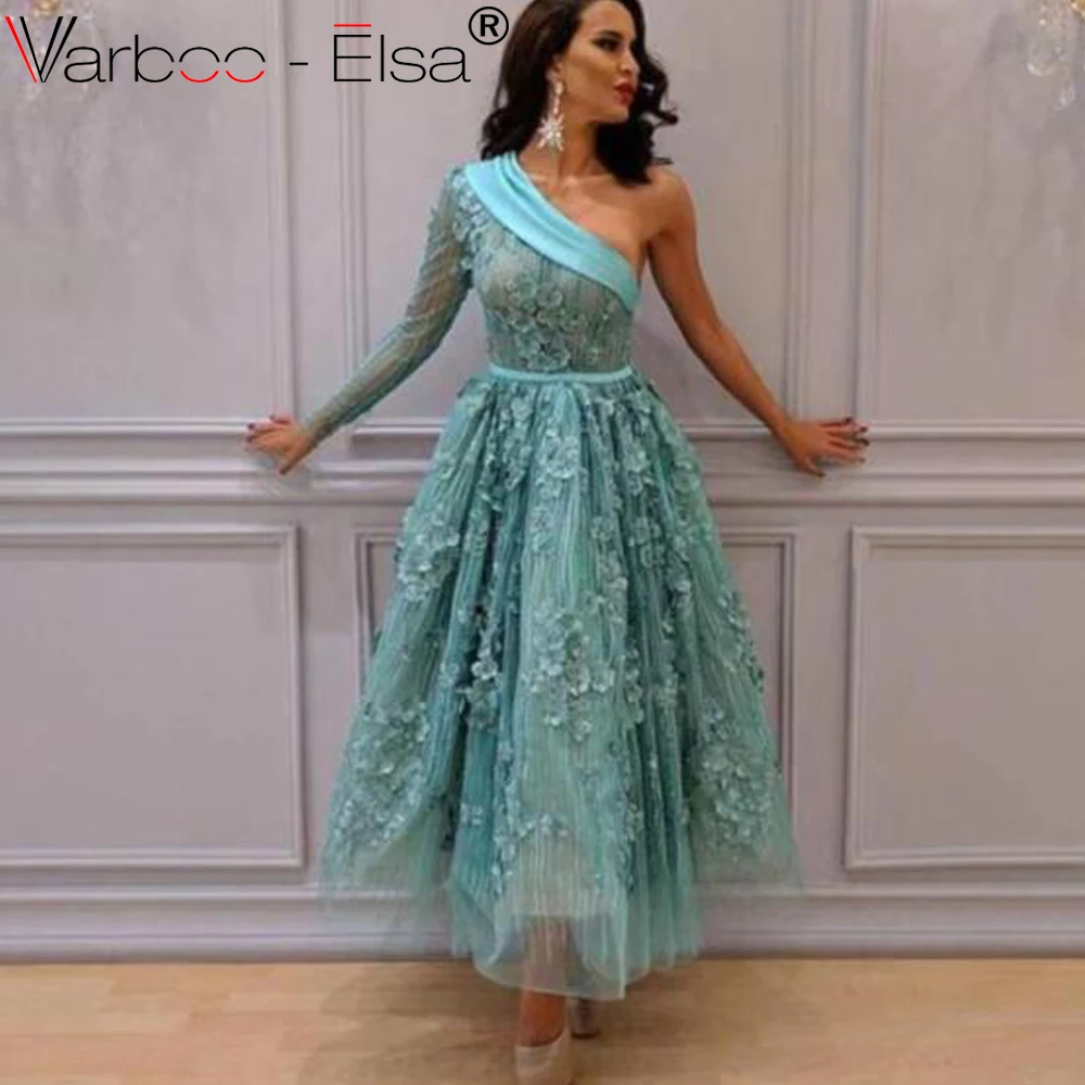 Женское платье на одно плечо VARBOO_ELSA зеленое арабский вечер в Дубае длинное