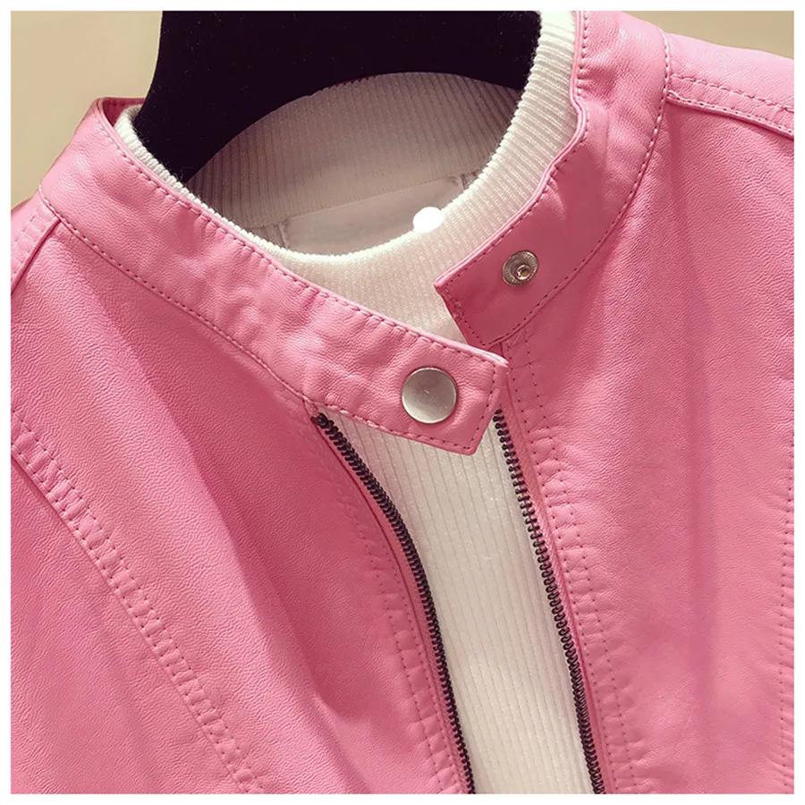 DANCING WINGS Spring Fall Women's Short PU Leather Motorcycle Jackets Pink Black