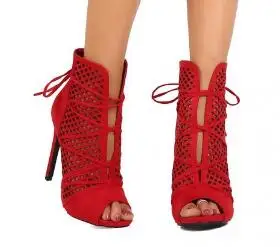 

Luxueux sandals women summer ankle boots for women Red Peep Toe Stiletto Summer Boots Strappy Lace Up Suede Ankle Boots
