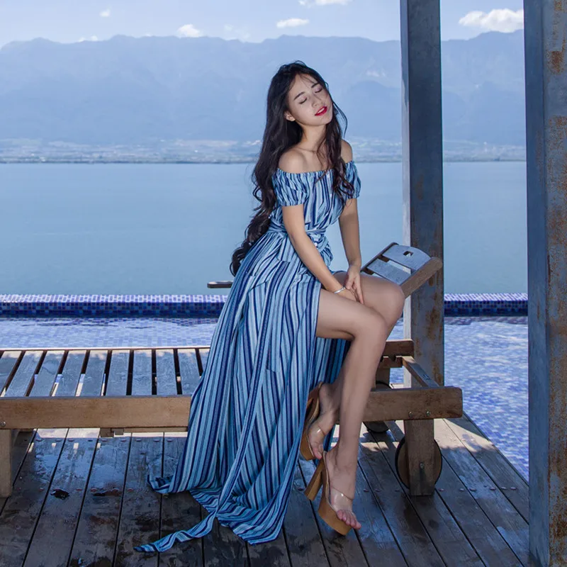 2017 женские летние тонкая талия синий платье в полоску без бретелек воротник