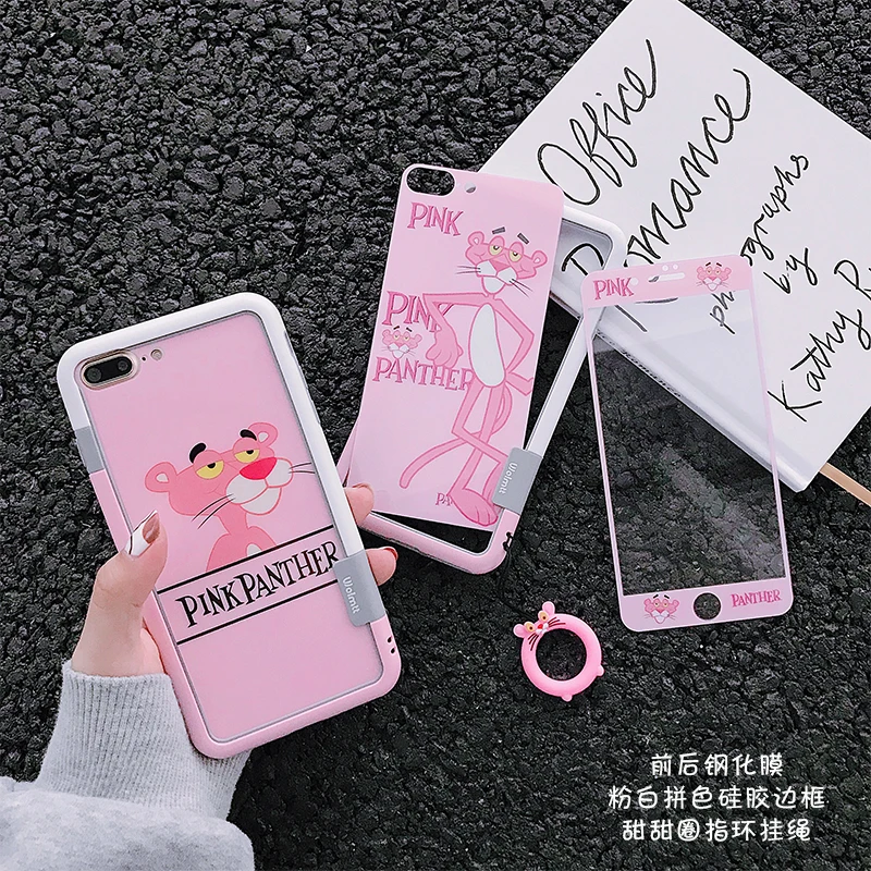 Розовая пантера задняя Передняя закаленная стеклянная пленка для iphone 8 plus 8 7 Plus 6 6SP и анти-детонационный бампер для iphone XS max finger ring