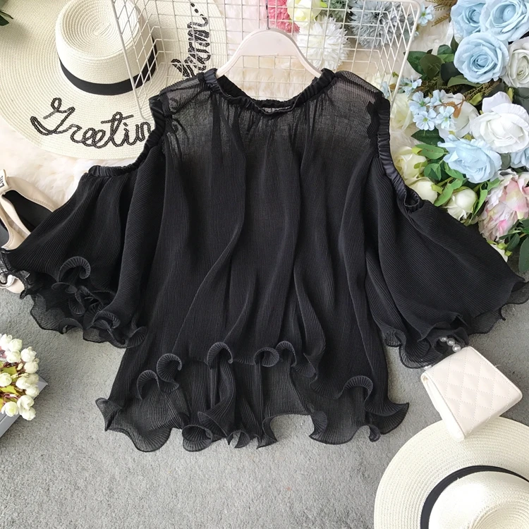 ALPHALMODA новые винтажные шифоновые блузки с открытыми плечами с расклешенными рукавами Женские однотонные свободные полупрозрачные элегантные блузки рубашка