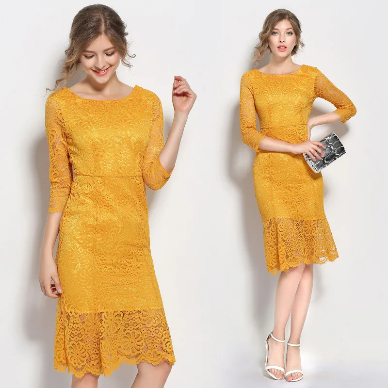 

New Fashion Autumn Women Bohemian Half Sleeve Hollow Lace Dresses Lady Trumpet Party Dress 80666