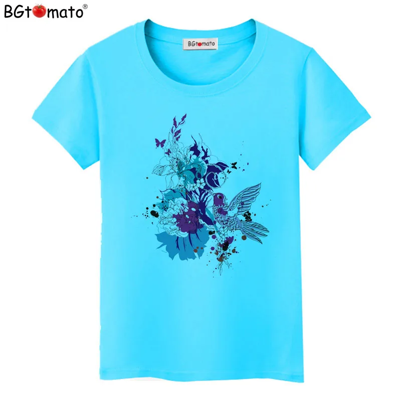 Футболка BGtomato новый дизайн футболка с синими цветами и фиолетовыми птицами