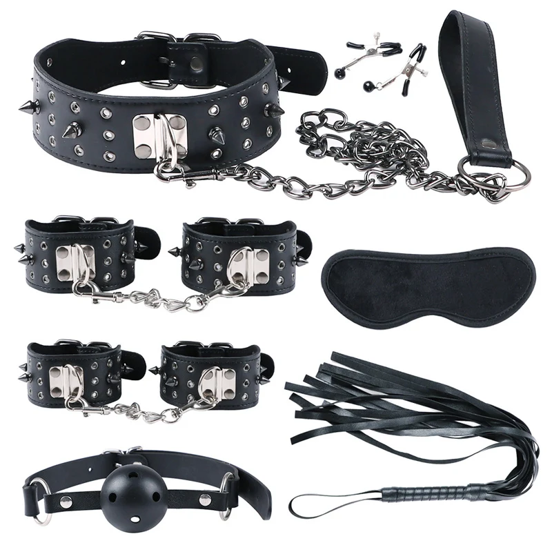Черный заклёпки искусственная кожа BDSM Связывание набор пара интимные аксессуары