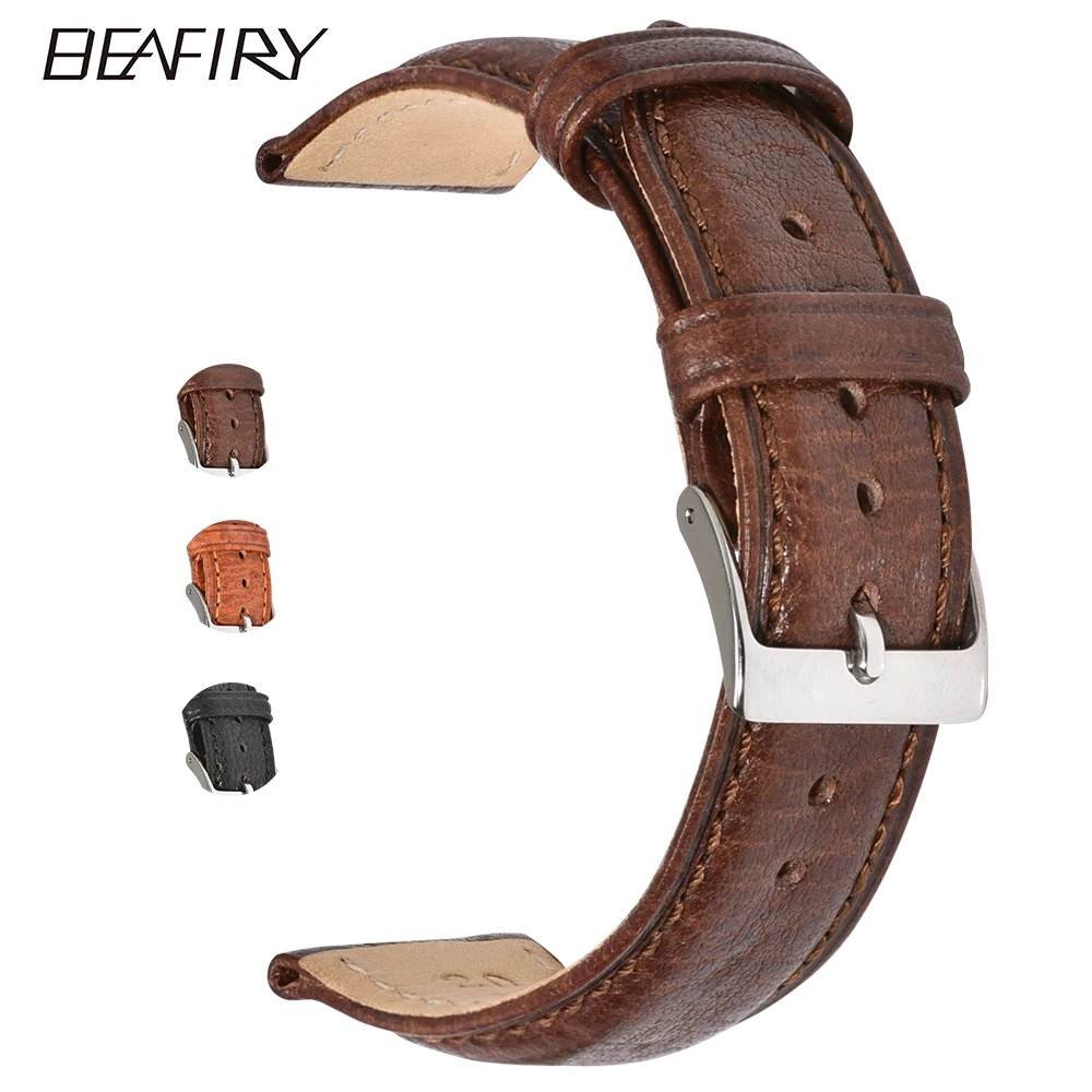 BEAFIRY 18mm 20mm Watch Band Litchi Pattern Genuine Leather Watch Straps Watchbands Accessories Black Dark Brown Light Brown