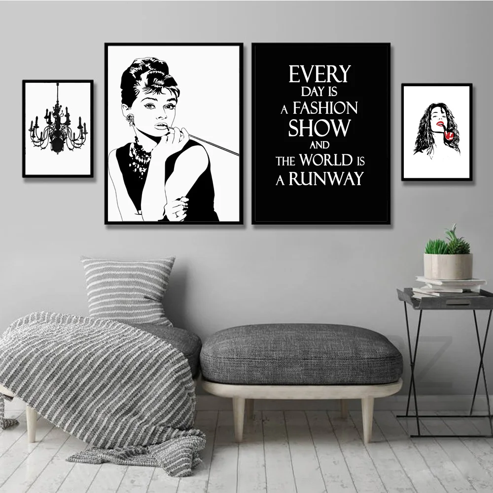 

Black White Photo Hepburn Fashion Paris Necklace Nordic Poster and Prints Wall Art Canvas Painting Wall Picture For Living Room