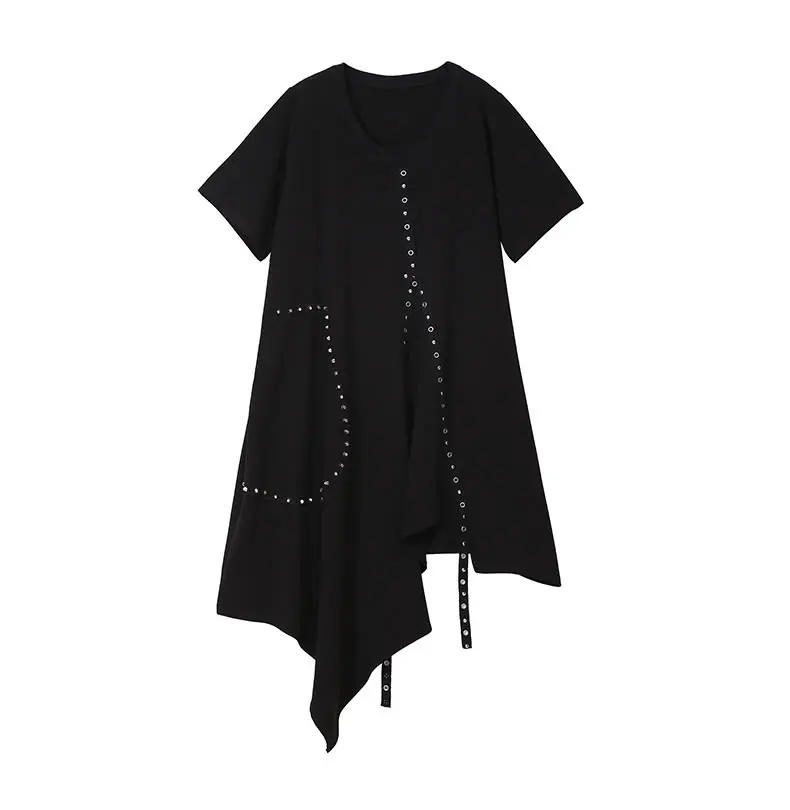 XITAO Split Irregular Black Midi Dress Gold Wild O Neck Patchwork Summer New Korea Fashion Pullover Slim Short Sleeve ZLL3671 | Женская