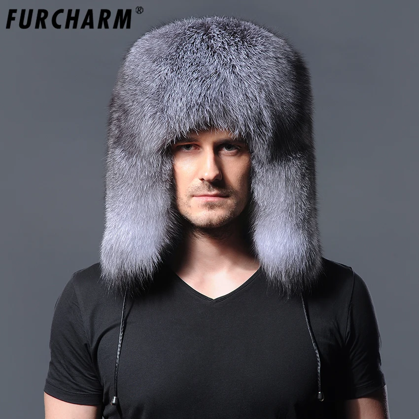 Мужские зимние шапки из натурального Лисьего меха очень теплая шапка с ушами