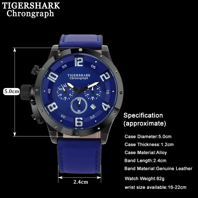 TIGERSHARK мужские спортивные часы кварцевые Топ бренд хронограф кожаный ремешок