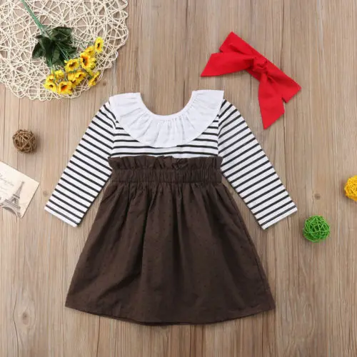 New Kid Girl Long Sleeve Stripe Brace Dress Headband Clothes 2Pcs Newborn Baby Princess Strap Tutu | Детская одежда и обувь