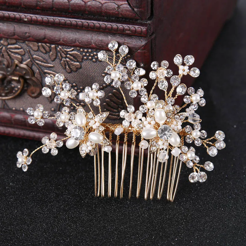 

Vintage Gold Crystal Pearl Floral Hair Combs Tiaras de Noiva Headpiece Hair Comb Women Wedding Accessories Bride Hair Jewelry LB