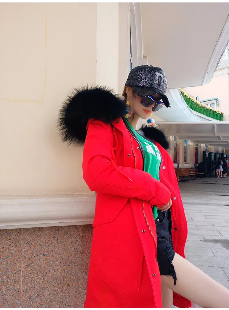 Модное женское новое зимнее пальто с капюшоном из меха енотовидной собаки пуховик Роскошная меховая парка