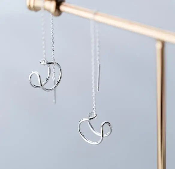 1Pair Authentic Real 925 Sterling Silver fine Jewelry Geometric Open Double Rows Threader dangle Earrings GTLE2558