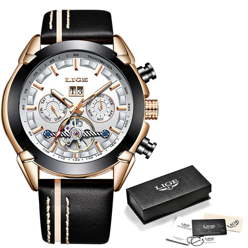 Rose gold white LIGE мужские часы лучший бренд класса люкс автоматические механические часы кожаные водонепроницаемые спортивные часы мужские деловые часы Reloj Hombre - Цвет: Rose gold white