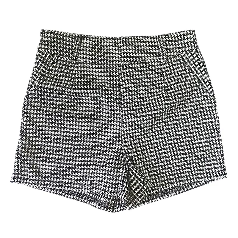 Summer Autumn Women Shorts Mid Waist Houndstooth Casual Woolen LY61 Женская одежда