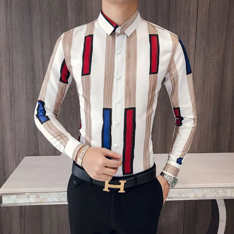 Мужская полосатая рубашка с длинным рукавом модные Необычные Camisa Social Masculina