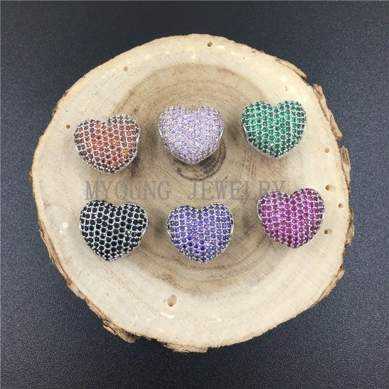 

MY0683 Micro Pave Zircon Heart Shape Beads, Silver Color Micro Inlay Rhinestones Beads,Brass Drilled Jewelry Making Loose Beads
