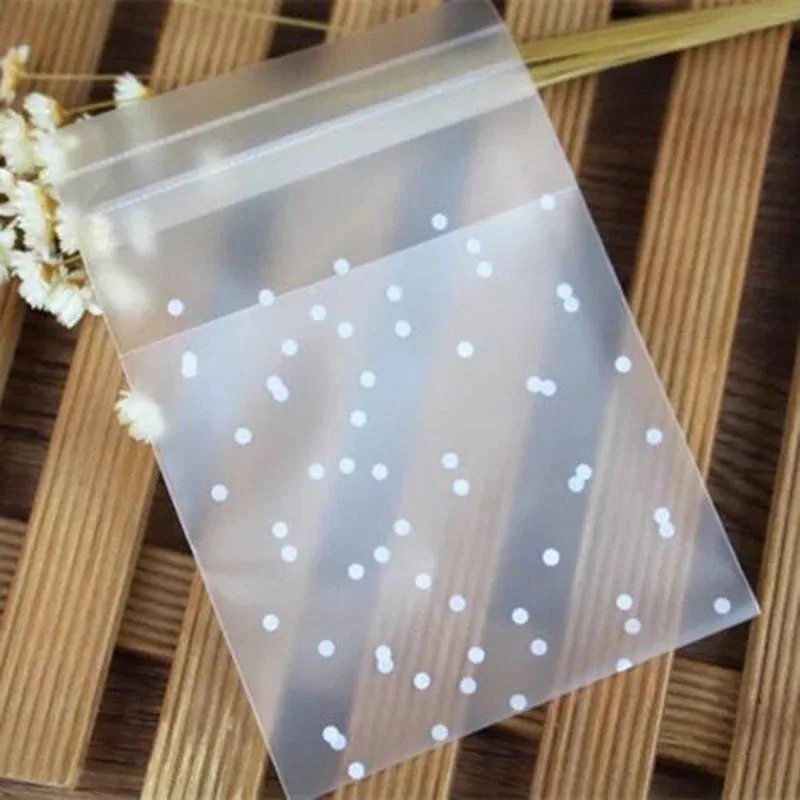 100 шт./лот прозрачные матовые пластиковые конфетные пакеты в белый горошек