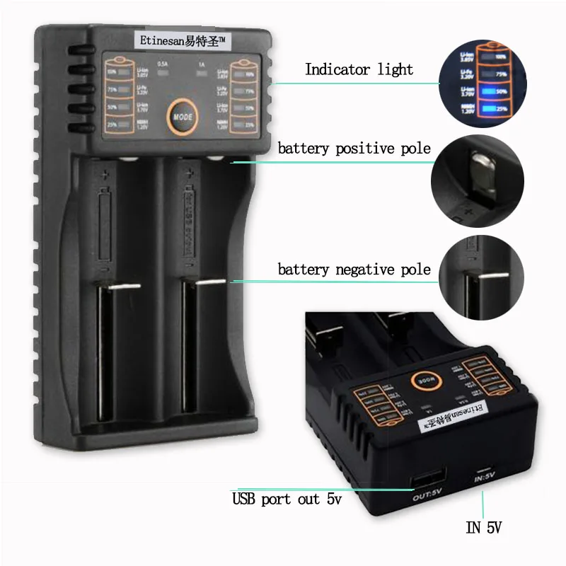 Etinesan 2 слота зарядное устройство для AA/AAA 18650 18350 Ni-MH li-ion/IMR